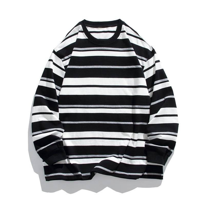 Variety of wardrobe Lente en herfst nieuwe heren Koreaanse stijl contrast gestreept ronde hals lange mouw sweatshirt trendy zwaargewicht puur katoen veelzijdige top XL