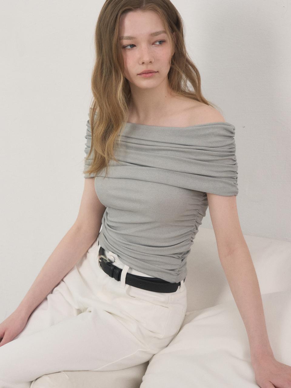 Eight Days A Week Off-Shoulder Shirred T-Shirt Gray Ad510 Free