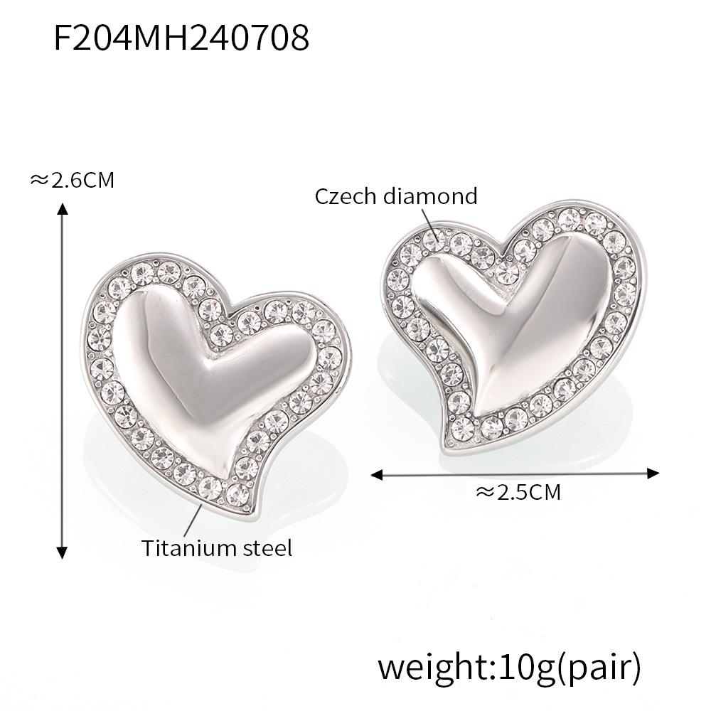 European & American Gold-Plated Titanium Heart Stud Earrings with Diamonds - Women's Fashion Jewelry