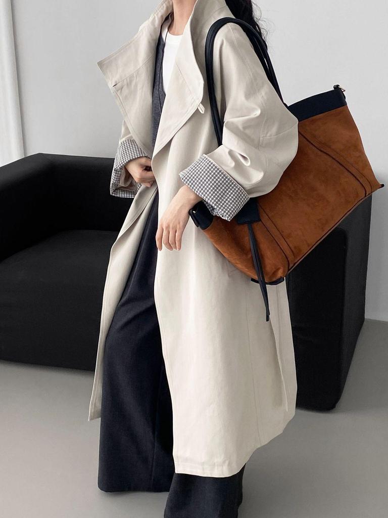 Women's High-End Korean British Retro Trench Coat: Stand-Up Collar, Waist-Cinching, Loose Fit, Mid-Length (5052-1)