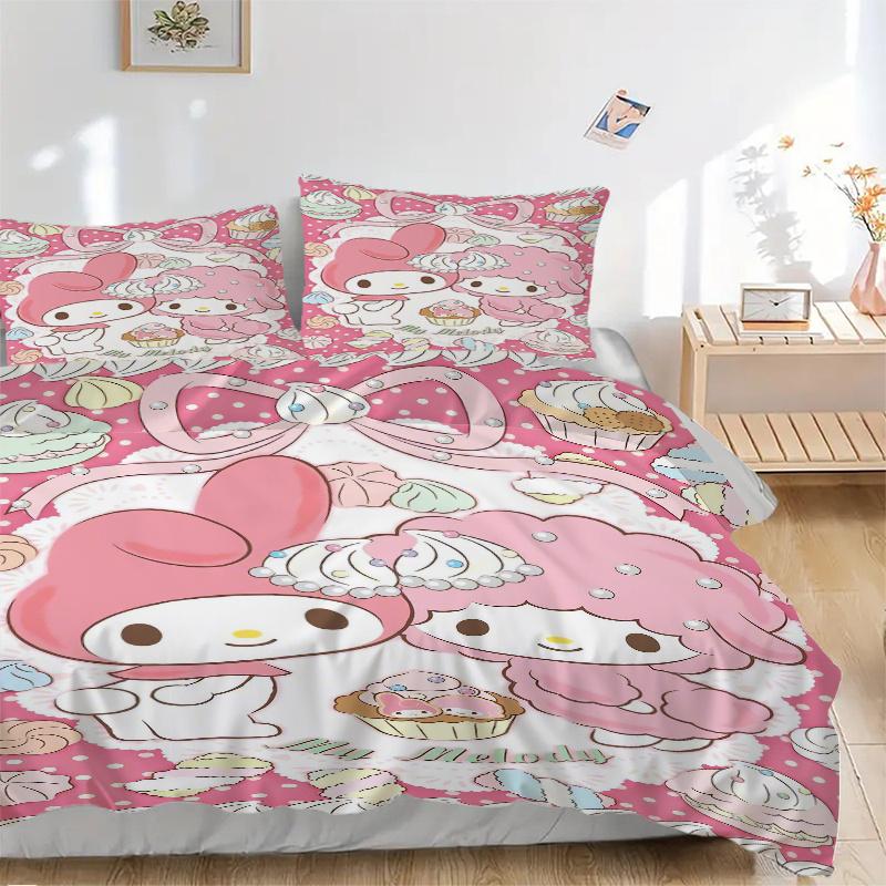 

3pcs My Sweet Piano & My Melody Quilt Set Cartoon Themed Bed Quilt Set Lovely Character Bedroom Decor Bed Quilt Set Four Seasons (1 Cover + 2Pill 135x200cm
