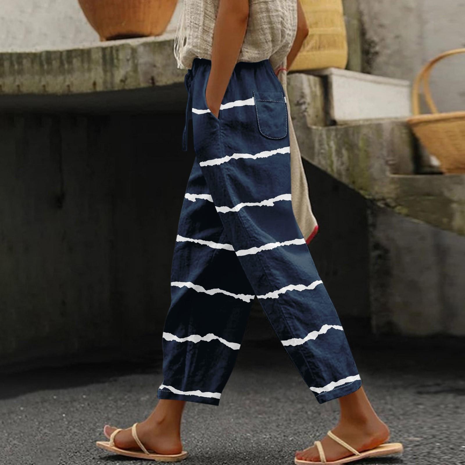 Women s Casual Pants Fashionable Print Drawstring Pockets Elastic Waist Pants XXL