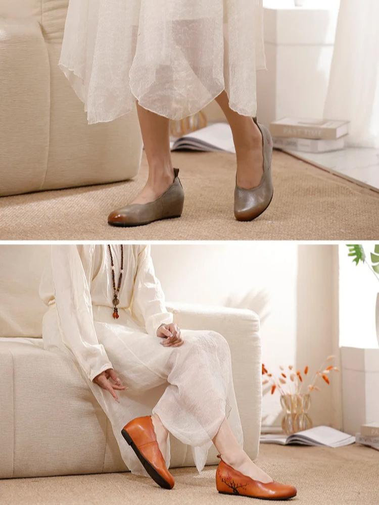 Johnature Retro Ethnic Style Height Increasing Shoes Genuine Leather Handmade Round Toe Wedges Shoes