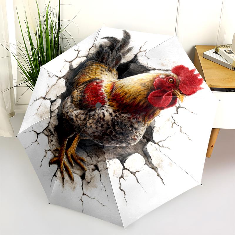 Rooster pattern, automatic folding umbrella, portable and foldable design, 8 ribs, a Christmas or birthday gift.