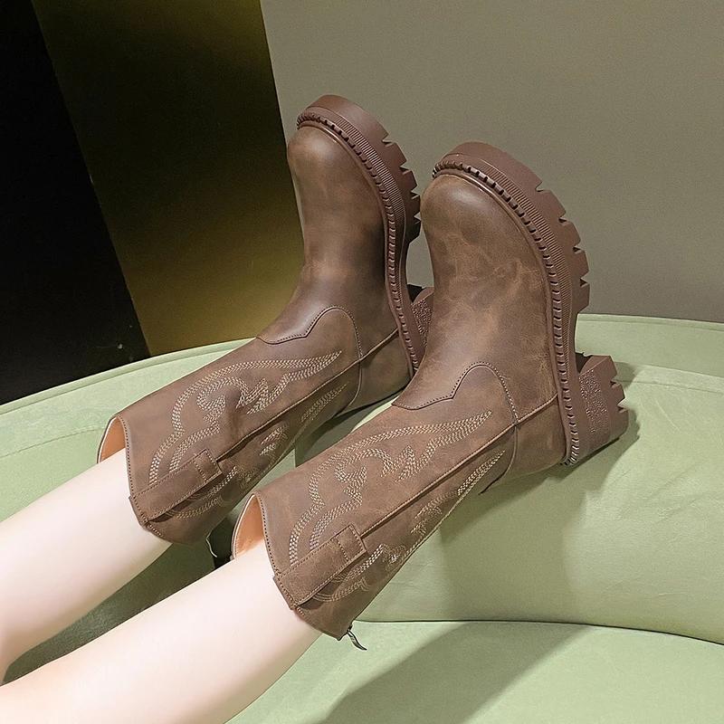 Winter Dicke Sohle Plateau Cowboy Stiefel Damen Schuhe Mode Slipper Mittelhoher Absatz Bota Damen Retro Modern Stiefeletten