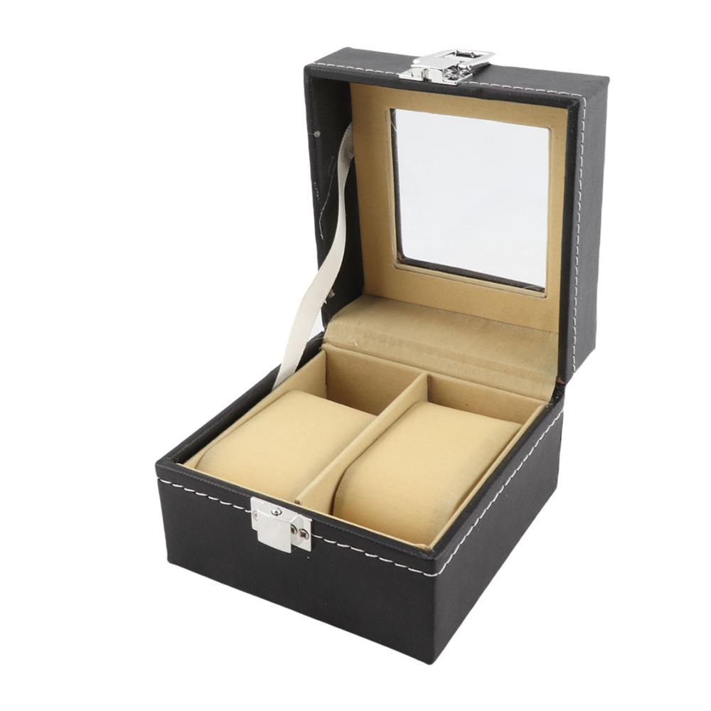Watch Organizer 2 Slots Watch Storage Case Pu Leather Lock Design Watch Display Case Black Compact Watch Box Jewelry Display