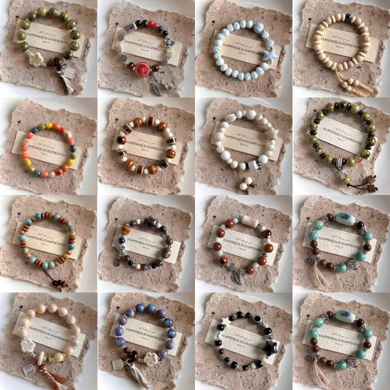 Boho Keramik Perlen Armband für Damen Zartrosa Rund mit Marmor Quadratischen Perlen, Elastisches Dehnbares Design für den Alltag & Geschenk