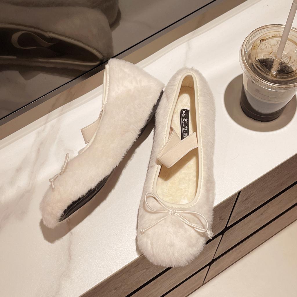 Small Man Inner Height Increase 5cm French Ballet Fluffy Shoes Women Wear Velvet Gentle Mary Jane Single Shoes In Winter