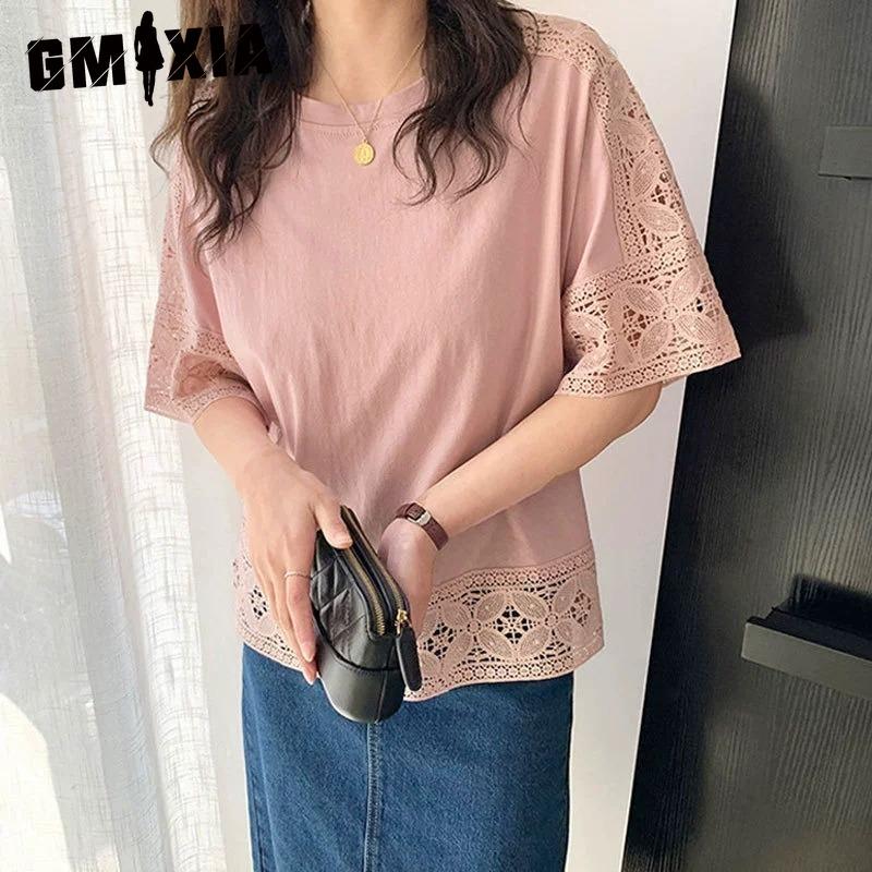 

GMXIA Женские модные повседневные однотонные блузки и рубашки с короткими рукавами и круглым вырезом с принтом one size розовый