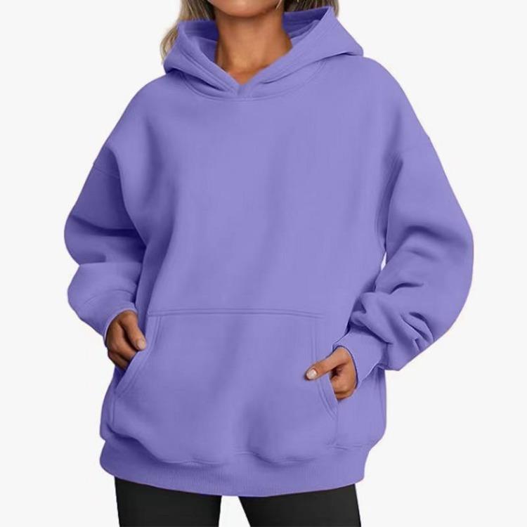 Hooded Sweatshirt Women's Long Sleeve Loose Fit Solid Color Fleece Warm Autumn Winter Style Street Hip Hop Pockets