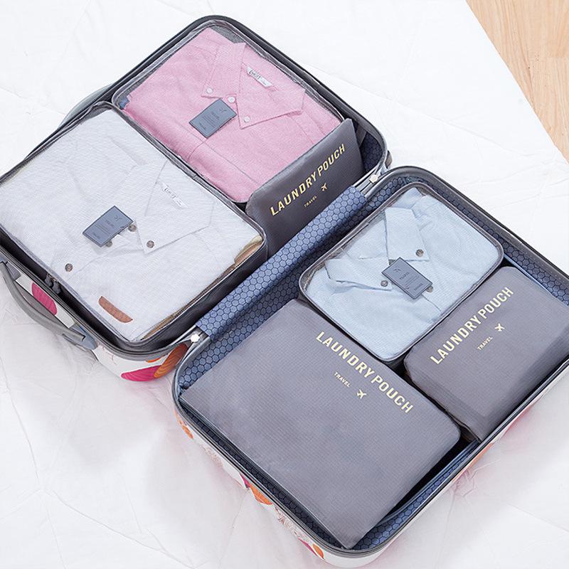 Six-Piece Travel Storage Bag Set for Clothing and Underwear with Four Compartment Suitcase Organizer