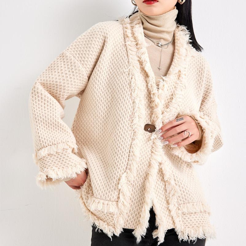 

Design tassel solid color knitted cardigan top women s autumn and winter new loose lazy casual sweater jacket one size fits all