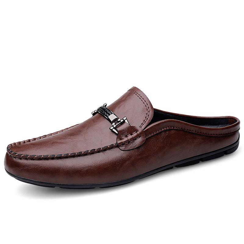 Summer men's slippers fashion leather casual shoes driving Doudou shoes comfortable work men's shoes black brown