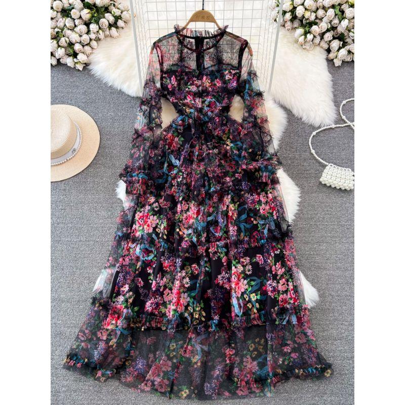 Accessible Luxury Long Sleeves A- line Dress Elegance Wide Hem Gauzy