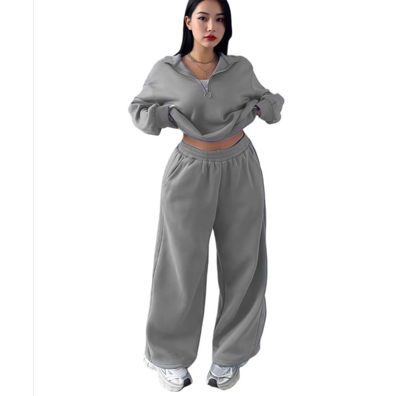 Women's 2 Piece Casual Tracksuit Half Zip Sweatshirt And Elastic Waist Wide Leg Pants Loungewear Set