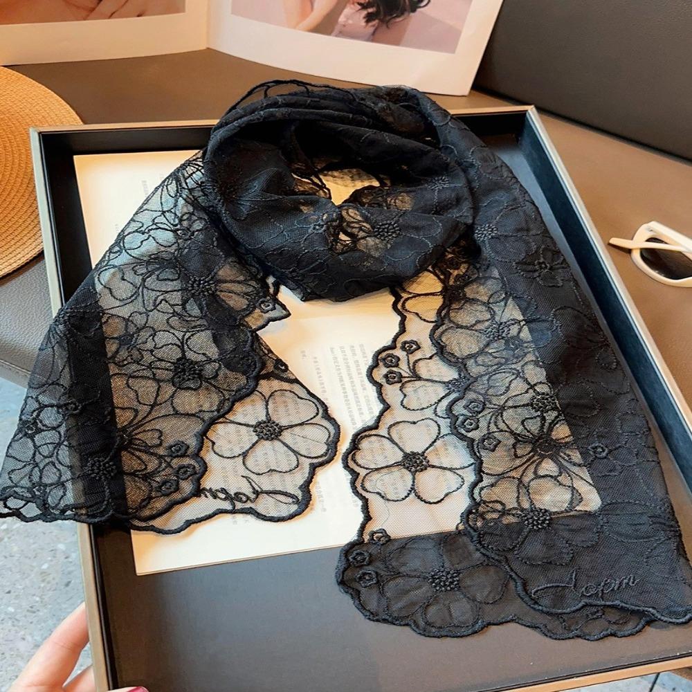 Literary Retro Women's Lace Scarf Long Embroidered Flower Summer Sunscreen Shawl Korean Version Female Headscarf