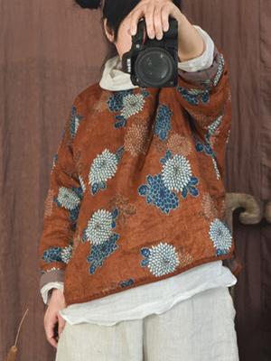 Frauen Chinesischen Stil Leinen Parkas Drucken Floral Frühling Mäntel Langarm Kleidung Lose Frauen Parkas