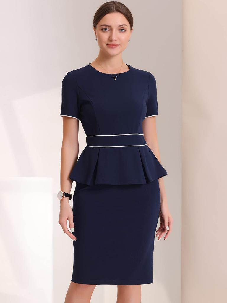 Allegra K Women's Midi Dress, Sheath Dress, Crew Neck, Peplum, Ruffles, Knee-Length, Short Sleeves, Bodycon Style, Navy Blue, Size M