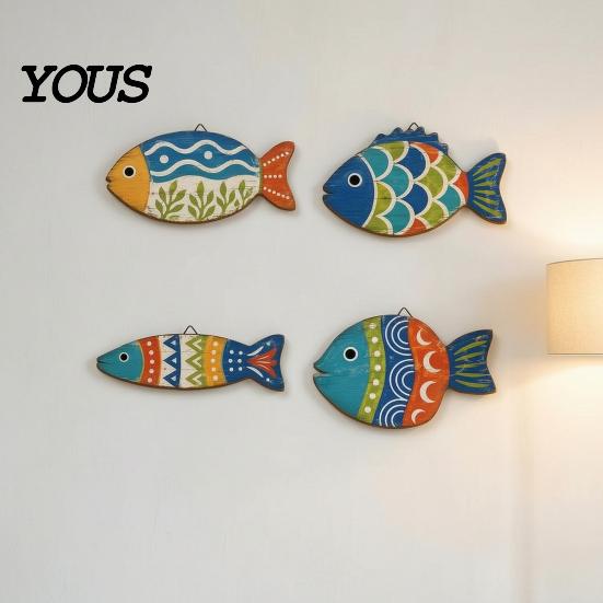Houten Vissen Muurkunst 4 STuks Kustthema Decoratie, Bohemia Kleurrijk Patroon Print Rustieke Hangende Houten Decoraties Plaquettes, Decoratieve Hanger