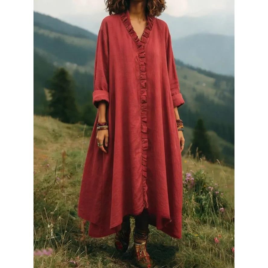 YYFS Moda donna primavera autunno tinta unita stampa manica lunga scollo a V vita larga abiti casual
