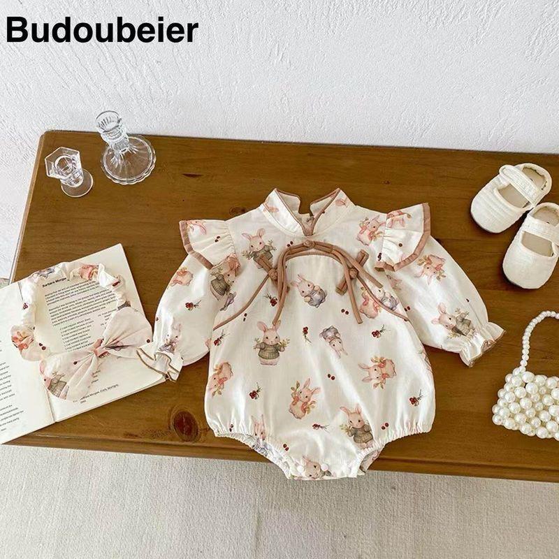 

Baby Chinese-Style One-Piece Romper 2025 Spring New Model for Girls, Cartoon Sweet Jumpsuit, New Chinese-Style Long-Sleeve Romper Beige (Send Hair Tie) 59