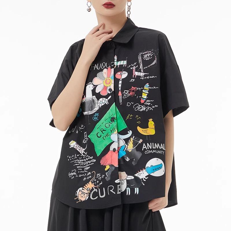 DIMANAF 2024 Plus velikost Nová halenka v letním stylu Vintage Retro design Krátký rukáv Barevný potisk Ležérní košile Ženy Volná košile s potiskem