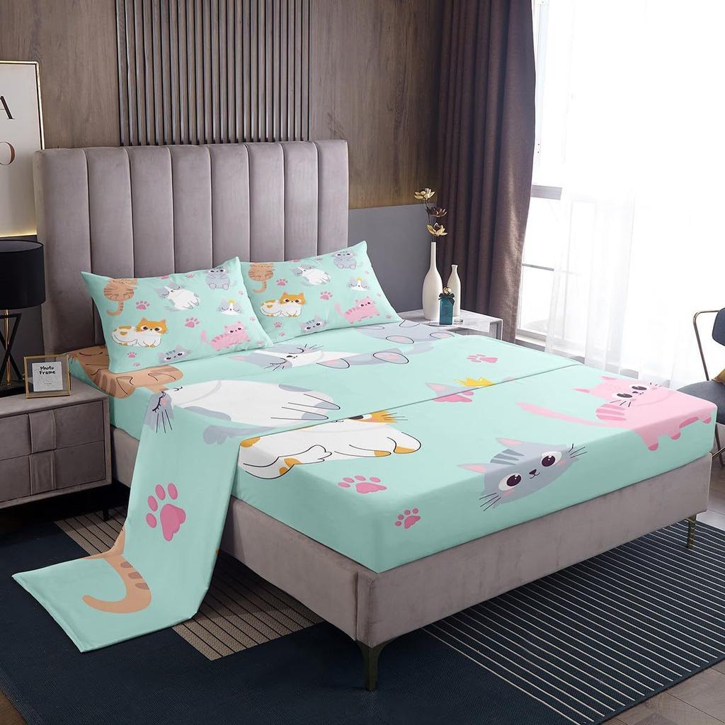 Cartoon Animal Cat Pattern Bed Hat Four-Piece Bedding Set Bedroom Dormitory Bedding Decoration