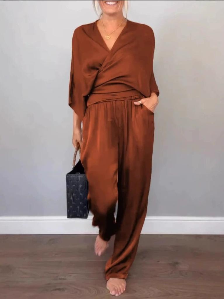Fall Solid-Color Satin Short-Sleeve Women's Fashion Top and Pants Set