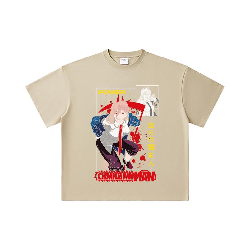 T-shirt Unisex Pesante in Cotone 260 GSM Filato Doppio Titolo 32 100% Cotone Chainsaw Man V40 Stampa Potente