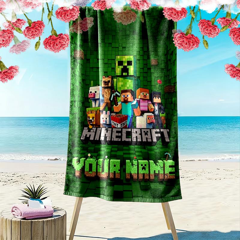 Name Custom Mine World Building Print Beach Towel, Large Soft Quick Dry Towel for Beach Camping Swimming