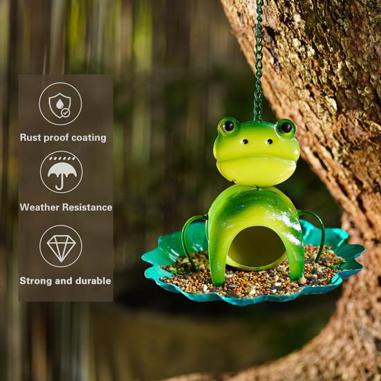 Frog Birds Feeder with Detachable Lotus Platform Tray Outside Hanging Metal Birds Feeding Station Outdoor Garden Yard Decoration