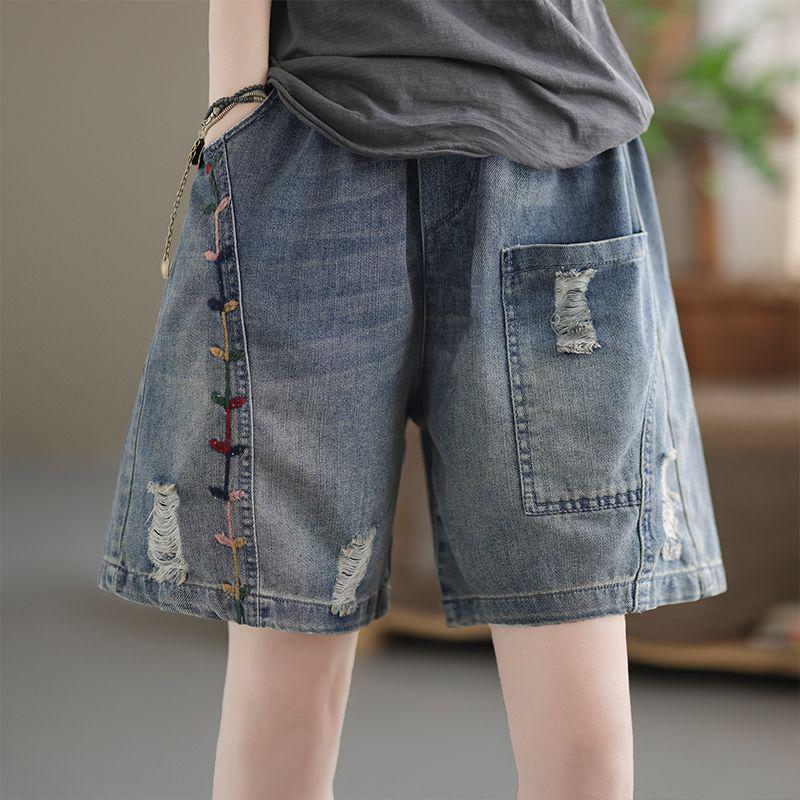 Women's Summer Denim Wide-Leg High-Waist A-Line Shorts, Plus Size, Five-Point Length