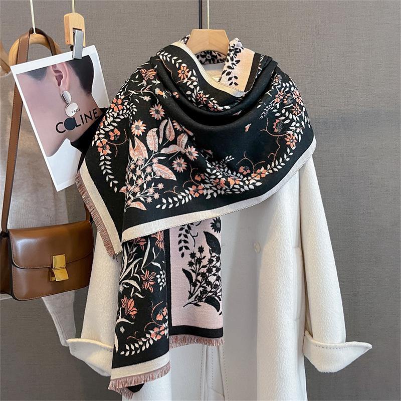Cachecol de cashmere quente de inverno para mulheres, estampa de luxo, pashmina, xale, lenço de pescoço, feminino, bufanda, echarpe, design, faixa de cabeça