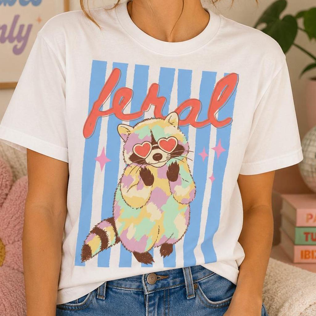Feral Raccoon T-Shirt and kids tshirt, Cute Trash Panda Graphic Tee, Funny Retro Animal Shirt and kids tshirt, Pastel Cottagecore Raccoon Tee