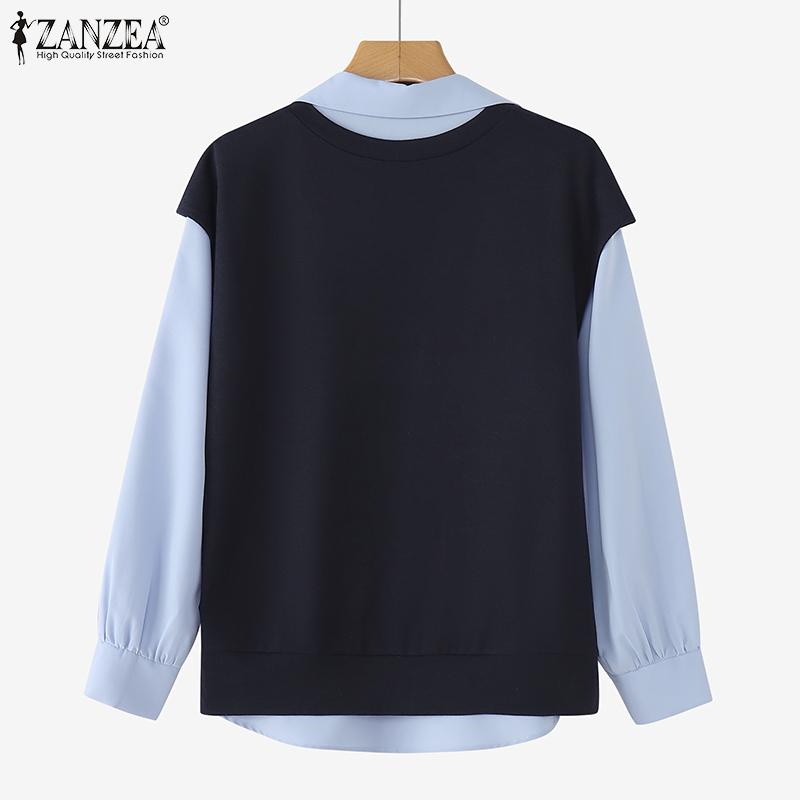ZANZEA Women Casual Fake Two-Piece Long Sleeve Contrast Color Shirts