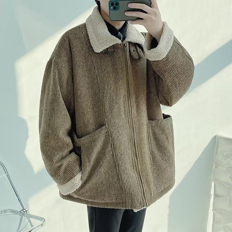 Men's Velvet-Lined Cotton Jacket - Korean Style, Lapel Design, Thick & Warm for Autumn/Winter.