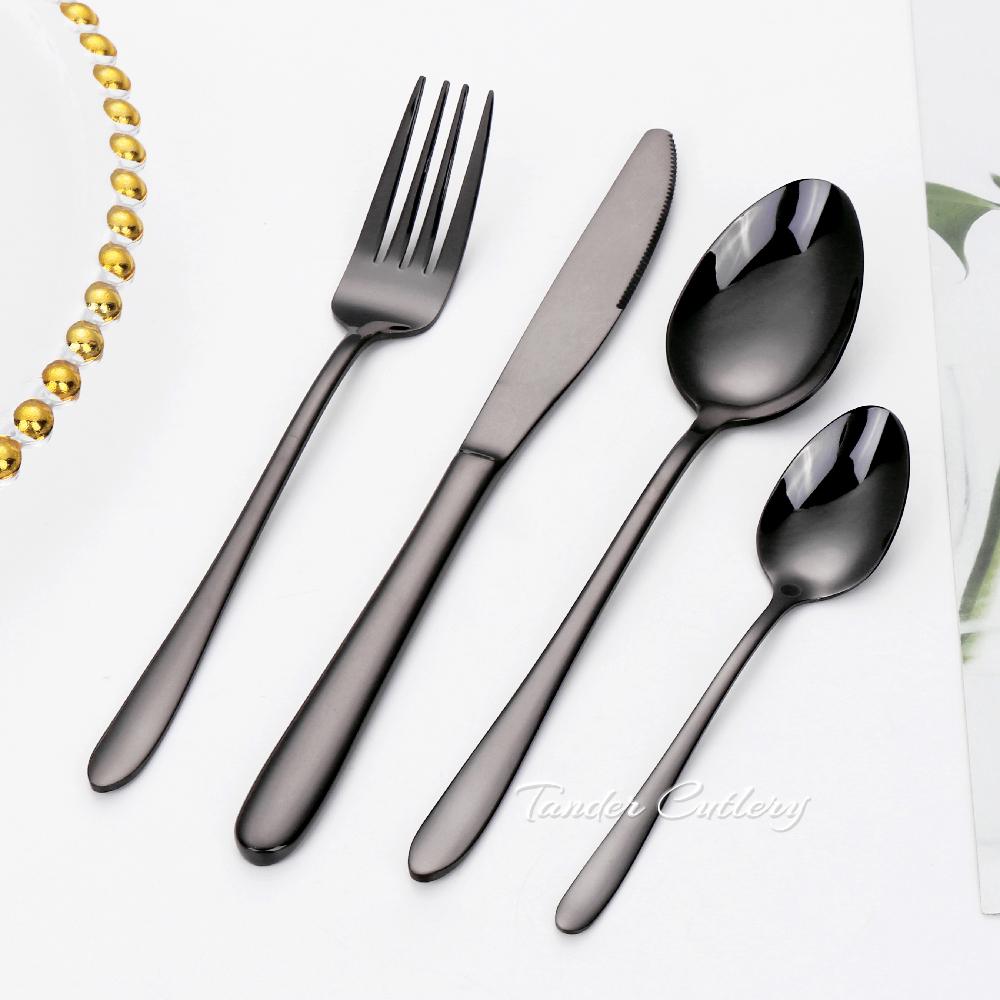 12/16/20/24/32Pcs Black Cutlery Stainless Steel Western Tableware Smooth Handle Fork Spoon Mirror Dinner Set Kitchen Utensils