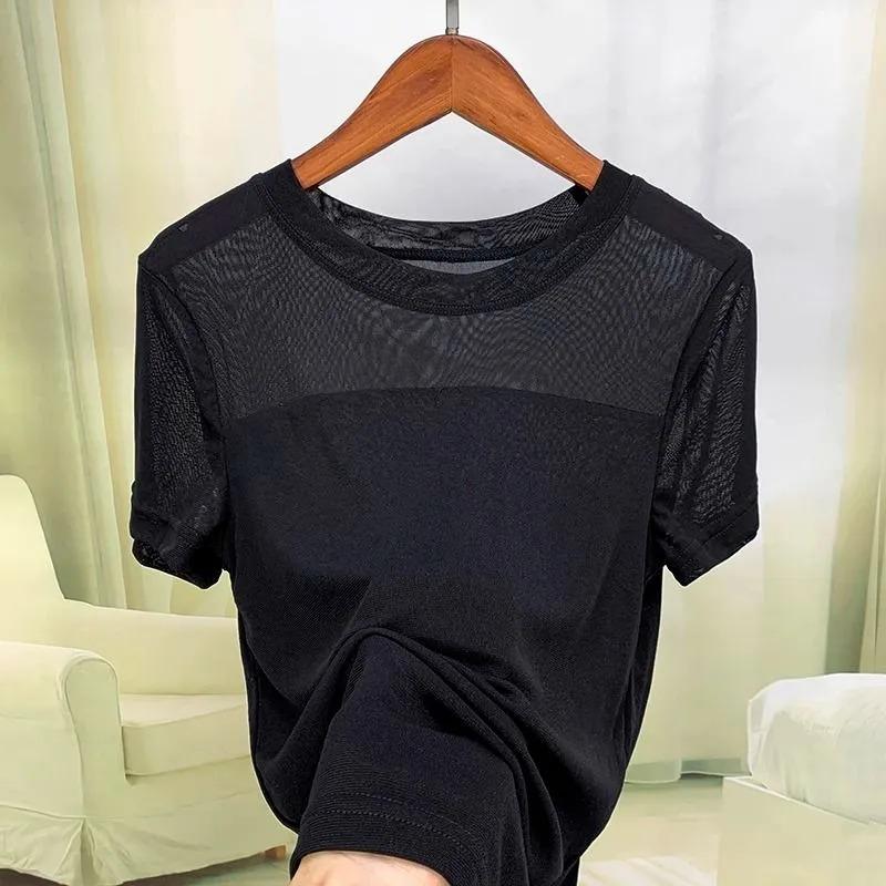 Women Dark Purple Mesh Patchwork Round Neck Short Sleeve T Shirt S чёрный