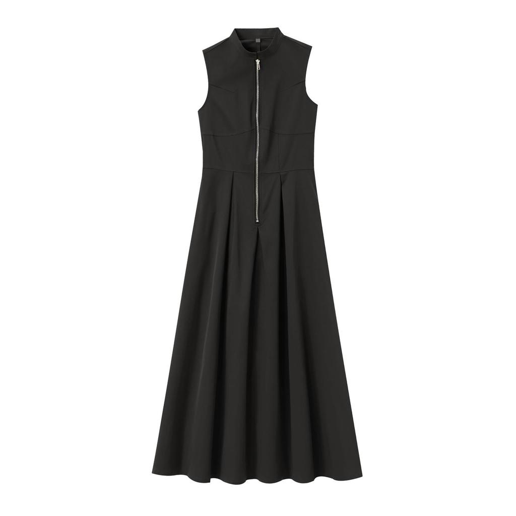 European-Style 2025 Spring Women's Sleeveless Waist-Hugging Round Neck Midi Dress