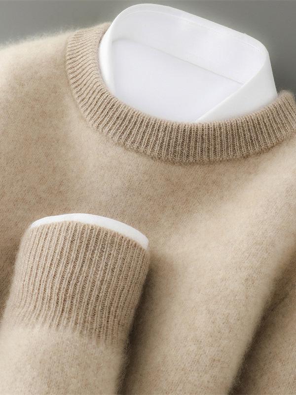 Men's Thickened 100% Pure Wool Color Block Round Neck Sweater - Casual Loose Jacquard Knit Cashmere Top