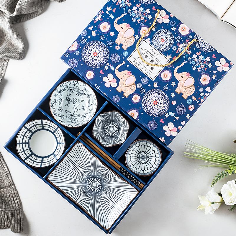 Porcelain Bowl & Plate Set - Blue & White Gift Set for Home, Creative Company Opening, Souvenir