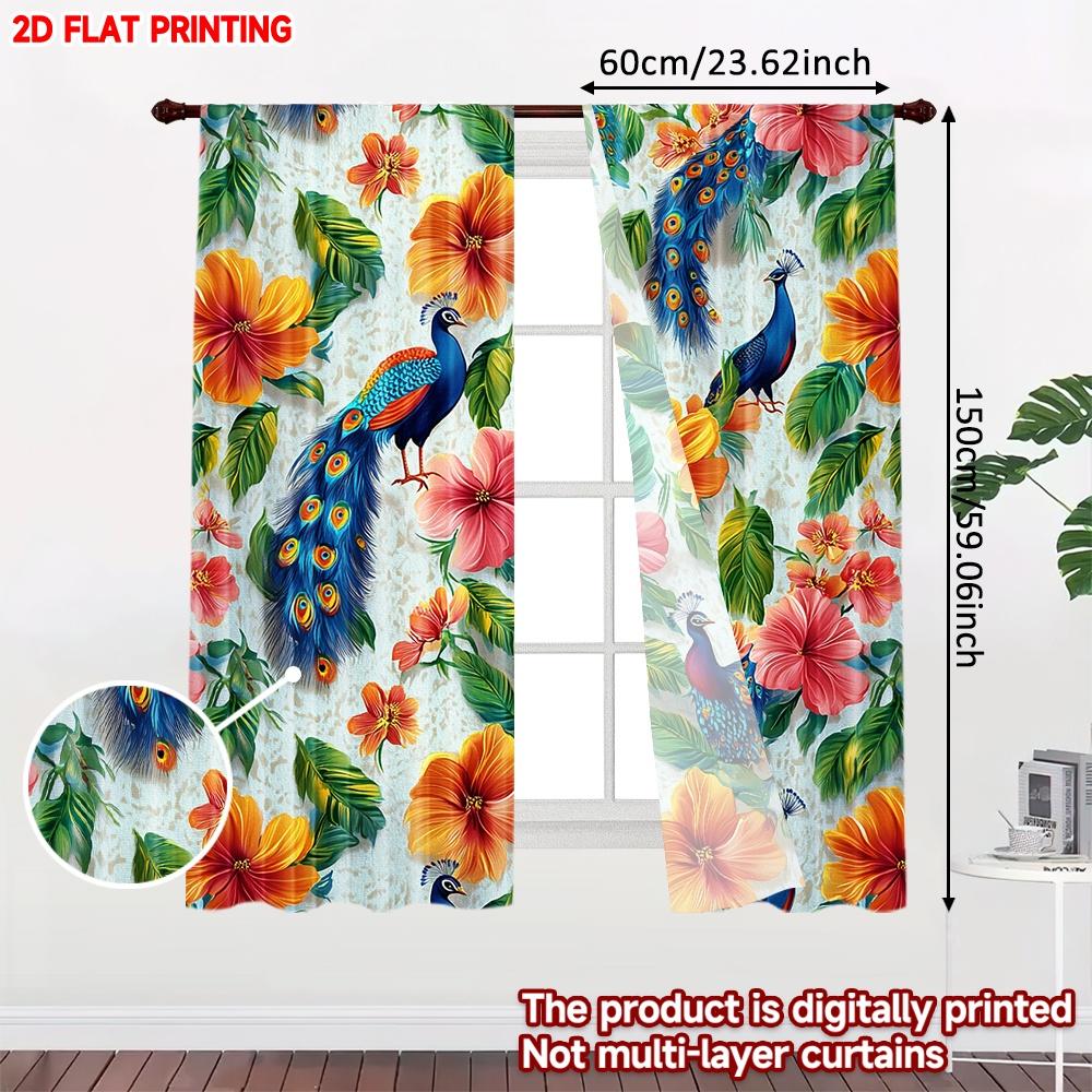 2D Flat Printing 2Pcs Curtain Window Treatment Curta Peacocks And Vibrant Flowers Digital Printed Polyester Drapes All Season