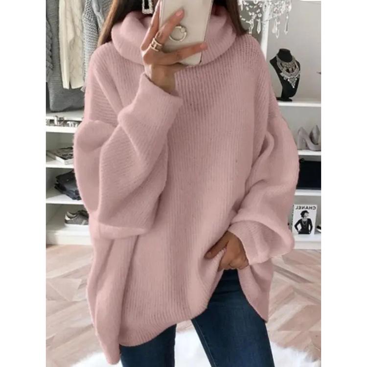 Solid Color High Neck Long Sleeve Mid-Length Sweater Top
