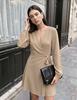 European and American New Satin Dress Women's Long-sleeved Temperament To Cover the Stomach, Fashionable and Thin Solid Color Slim-fitting Skirt