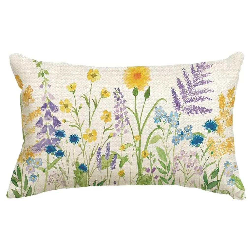 New Spring Flower Pillowcase Linen Printed Floral Sofa Cushion Cover Home Pillowcase