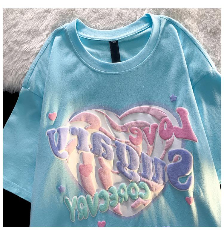 Women's Oversized Heart Design Blue Cotton Tee - Sweet & Spicy Summer Style