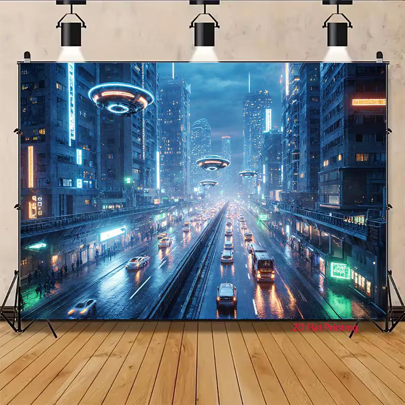 2D Gamer Backdrop, Futuristic Night Cityscape with Neon Lights and UFOs Banner