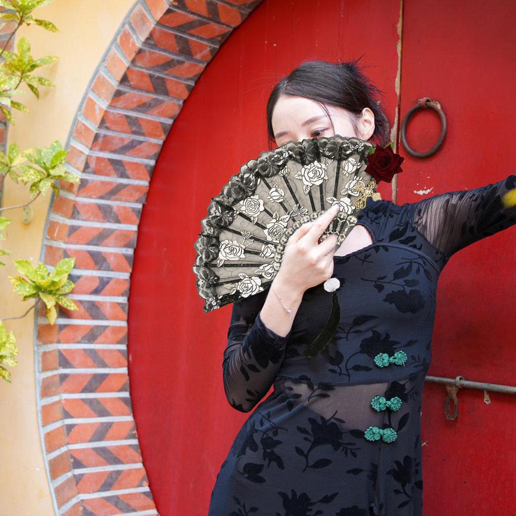 Retro Fan with Tassels Flower Fan Folding Fan Hand Fan Halloween Lace Fan Photo Props for Dancing Party