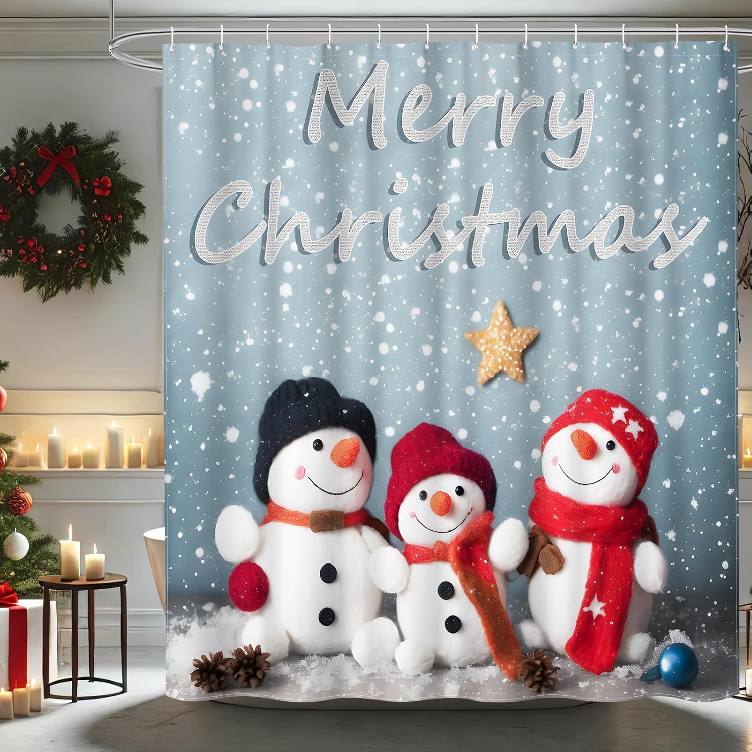 

Blue Christmas Snowman Shower Curtain With Winter Snow Scene Pattern, Cute Waterproof Bathroom Decor For Xmas Holiday W60H190(CM)-1 Pcs