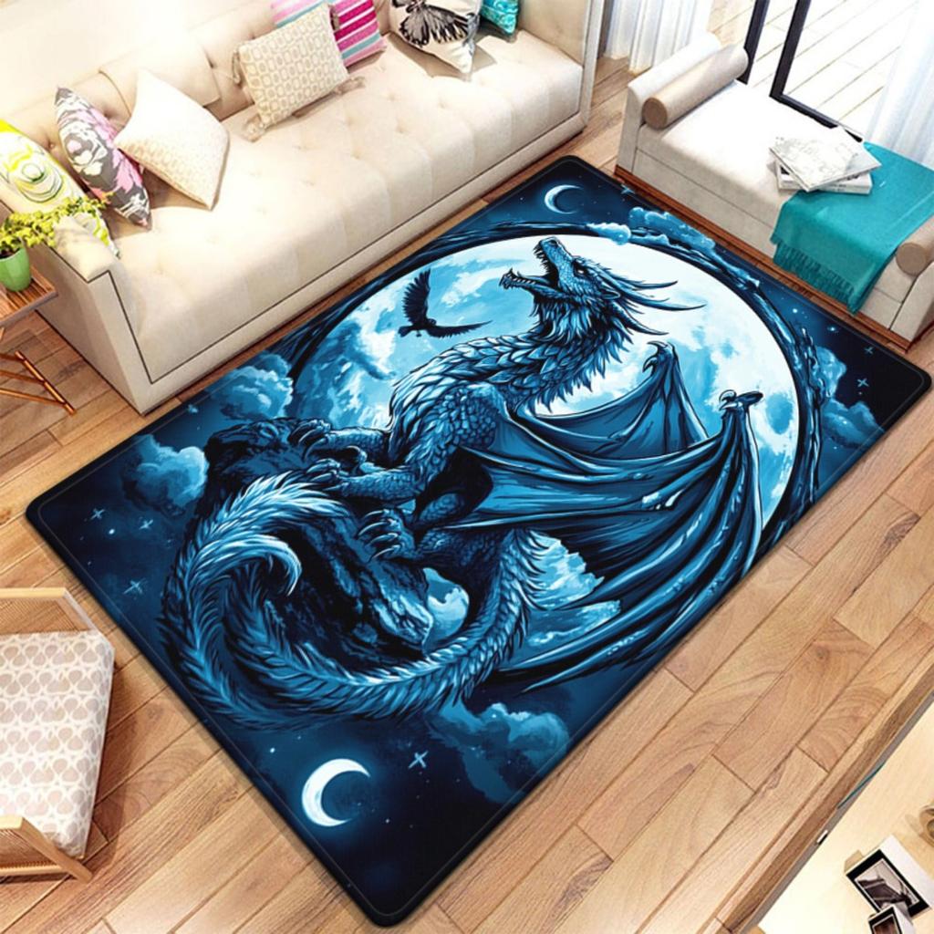 Blue Dragon Moon Sky Fantasy Rug Crystal Velvet Carpet Living Room Decor Artistic Design Soft Floor Mat Home Decoration Fantasy
